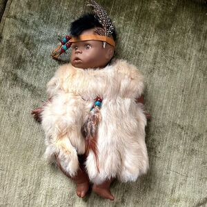 Native American Indian Baby Boy Doll 11” w Mohawk Hair, Authentic Fur & Feathers